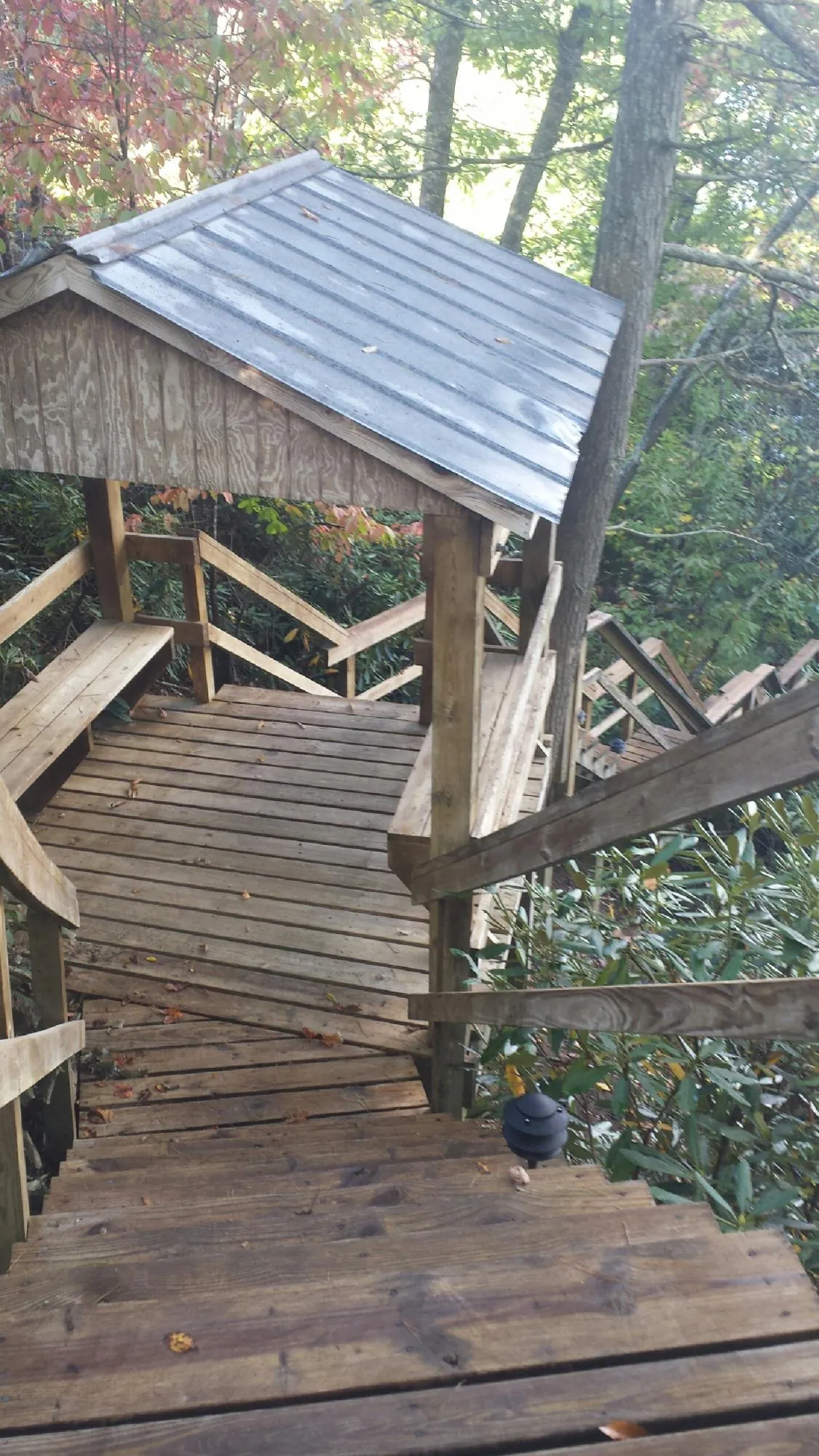 Metal roofed shelter over wooden steps on a wooded walkway — Skylight Repair & Installation work by our crew in Donahue